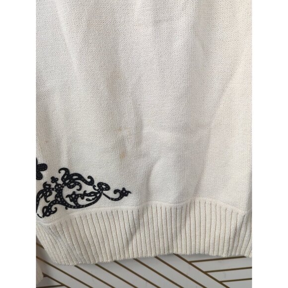 ST. JOHN Women's White Sweater Black Embroidery Knit Long Sleeve Size P STAINED - Picture 2 of 9